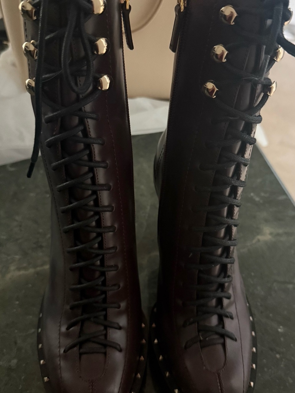 Valentino Garavani Dark Brown Lace-Up Stud-Trim High Shaft Boots
